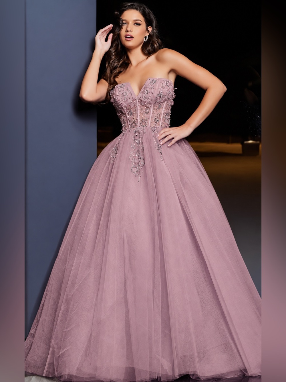 NWT Jovani 37460A Tulle A-Line Bodice Ballgown in Mauve ~ Size 12 | MSRP $700
